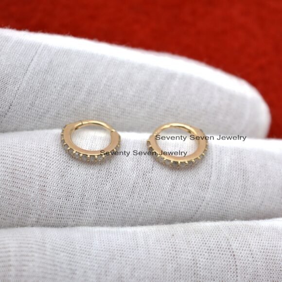 9k Gold Diamond Hoop Huggies Earring, Dainty Huggies Earrings - Image 3