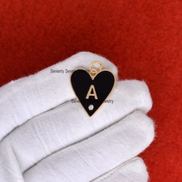 14k Gold Black Enamel Heart Pendant, Gold Enamel Letter Pendant - Image 7