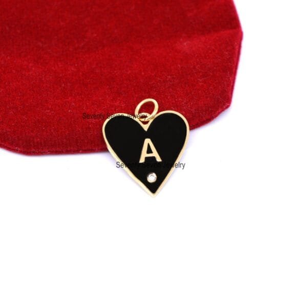 14k Gold Black Enamel Heart Pendant, Gold Enamel Letter Pendant - Image 6