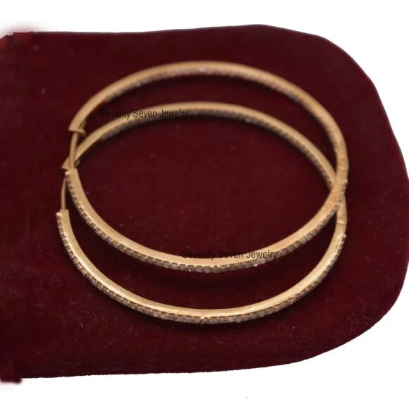 Large Round Hoop Earrings, Pave Diamond Hoop 14K Gold Earrings - Image 5