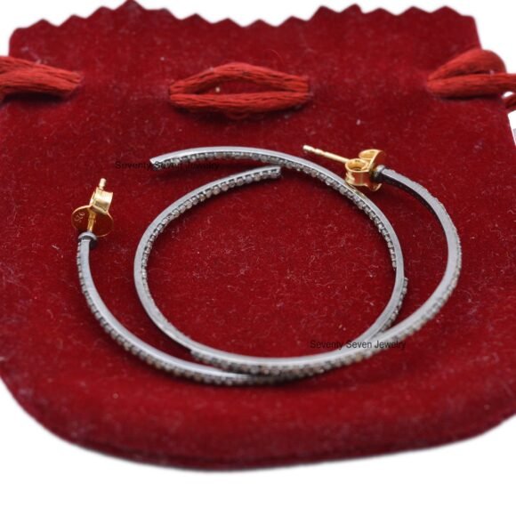 925 Silver Pave Diamond Hoop Earrings, Oxidized Large Diamond Hoops - Image 6