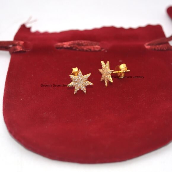 14K Gold Starburst Studs, Pave Diamond Star Studs - Image 5