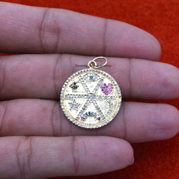 Silver Diamond Medallion Pendant, Multi Gemstone Medallion Pendant - Image 4