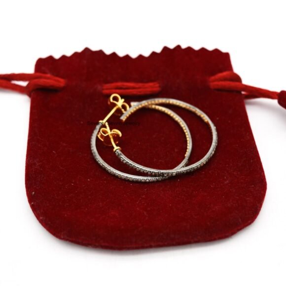 925 Silver Diamond Hoops, Oxidized Diamond Hoops - Image 4