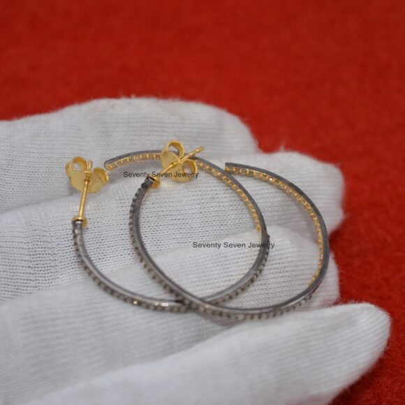 925 Silver Diamond Hoops, Oxidized Diamond Hoops - Image 5