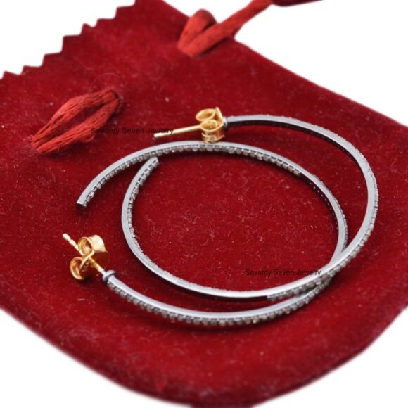 925 Silver Pave Diamond Hoop Earrings, Oxidized Large Diamond Hoops - Image 5