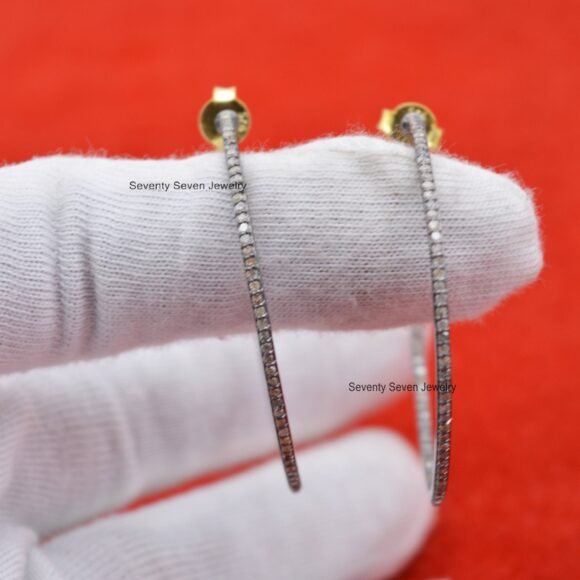 925 Silver Pave Diamond Hoop Earrings, Oxidized Large Diamond Hoops - Image 4