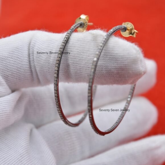 925 Silver Pave Diamond Hoop Earrings, Oxidized Large Diamond Hoops - Image 3
