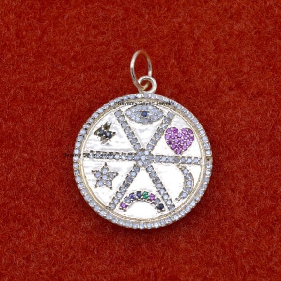 Silver Diamond Medallion Pendant, Multi Gemstone Medallion Pendant - Image 2
