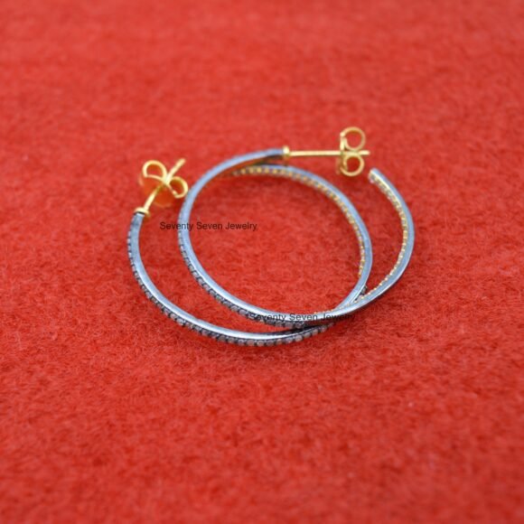 925 Silver Diamond Hoops, Oxidized Diamond Hoops - Image 3