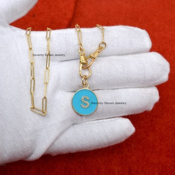 9K Solid Gold Enamel Initial Pendant, 9k Personalized Disc Enamel Pendant - Image 2