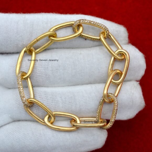 14K Gold Plated Pave Moissanite Link Bracelet, Gold Oval Link Chain Bracelet - Image 4