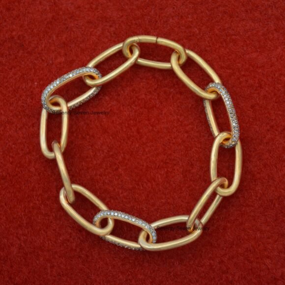 14K Gold Plated Pave Moissanite Link Bracelet, Gold Oval Link Chain Bracelet - Image 5