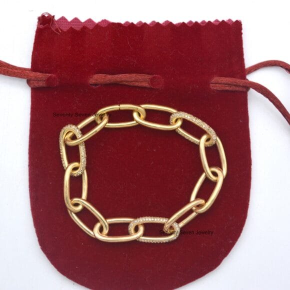 14K Gold Pave Diamond Link Bracelet, Gold Oval Link Chain Bracelet - Image 6