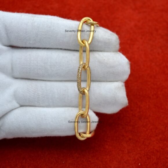 14K Gold Plated Pave Moissanite Link Bracelet, Gold Oval Link Chain Bracelet - Image 3