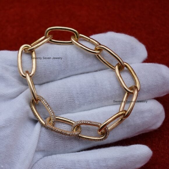 925 Silver Pave Moissanite Oval Link Bracelet, 3 Link Diamond Bracelet - Image 4