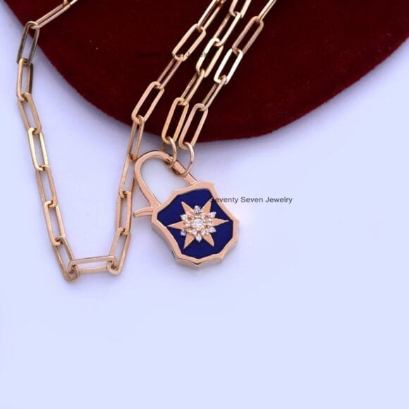 14K Gold Openable Padlock, 14k Blue Enamel Padlock - Image 5