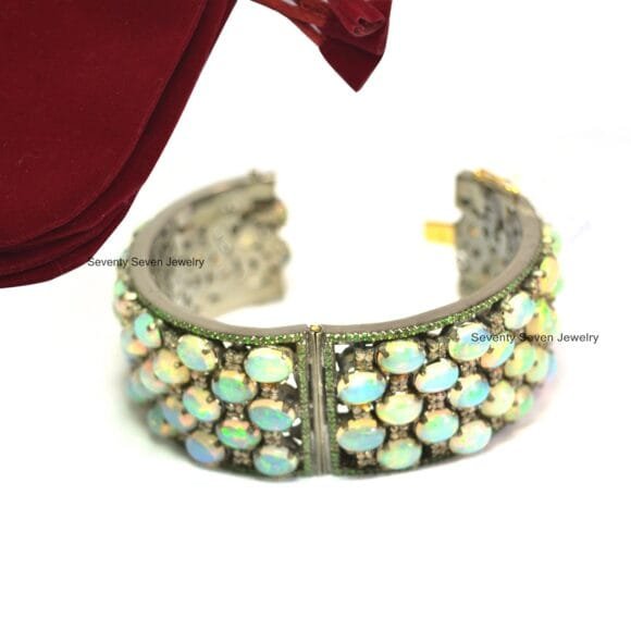 925 Silver Multi Gemstone Bangle, Pave Diamond Bangle - Image 2