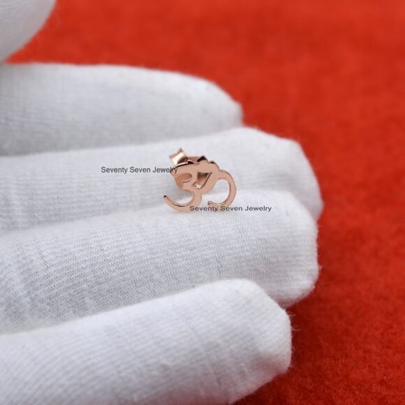 14k Solid Gold Om Studs, 14K Gold OM Studs, OM Stud Earrings - Image 6