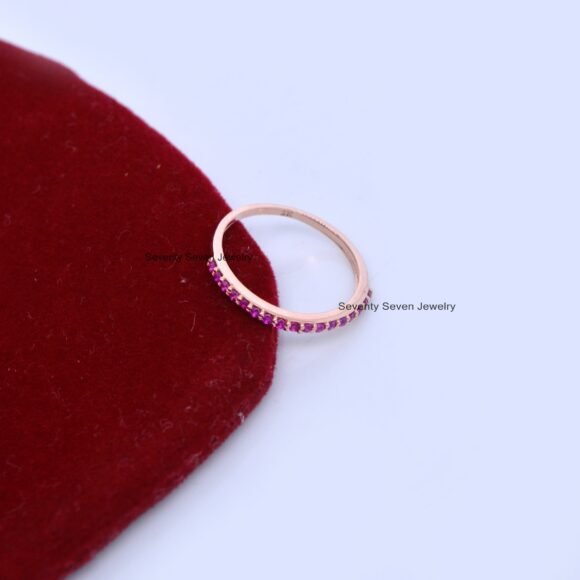 14K Gold Ruby Eternity Ring, Delicate Half Eternity Band Ring - Image 2