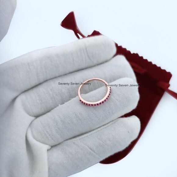 9k Gold Ruby Wedding Band, Ruby Half Eternity Band, Minimalist Ruby Ring Band - Image 6