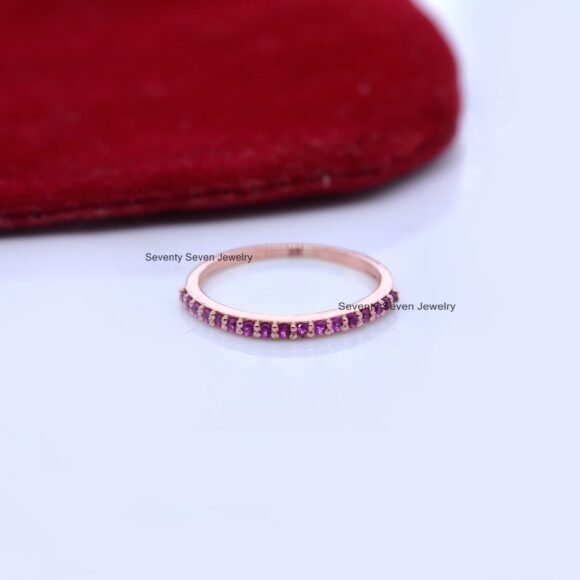9k Gold Ruby Wedding Band, Ruby Half Eternity Band, Minimalist Ruby Ring Band - Image 8