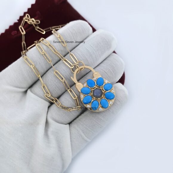 925 Silver Turquoise Flower Padlock, Gemstone Padlock - Image 3