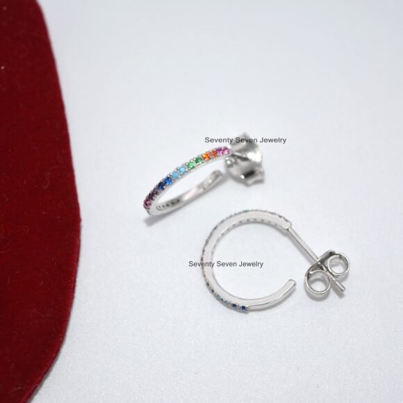 925 Silver Multi Sapphire Hoops, Cubic Zircon Hoop Earrings - Image 6