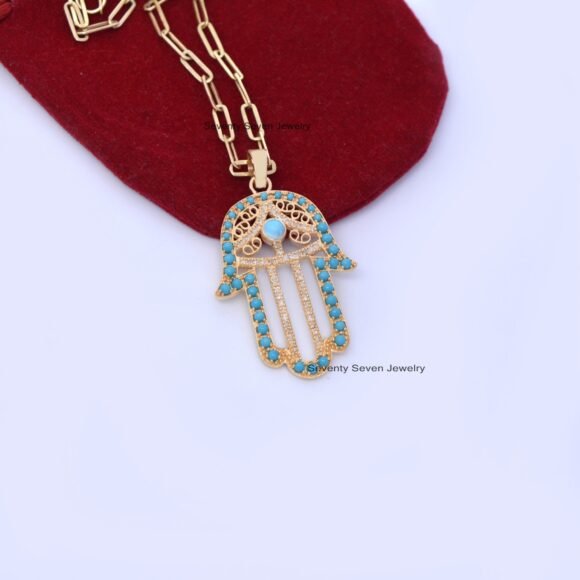 Sterling Silver Hamsa Hand Pendant, Diamond Hamsa Hand Pendant - Image 4