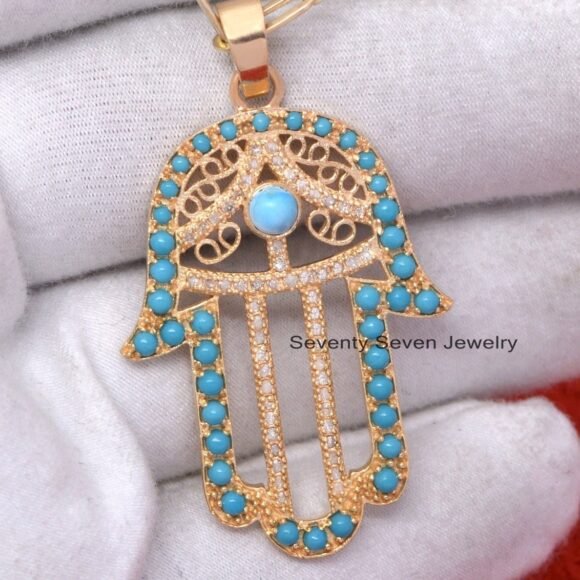 Sterling Silver Hamsa Hand Pendant, Diamond Hamsa Hand Pendant - Image 5
