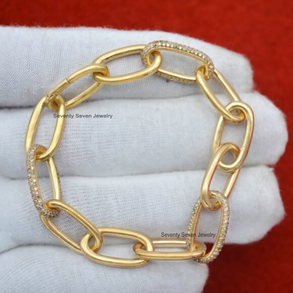14K Gold Plated Pave Moissanite Link Bracelet, Gold Oval Link Chain Bracelet - Image 7