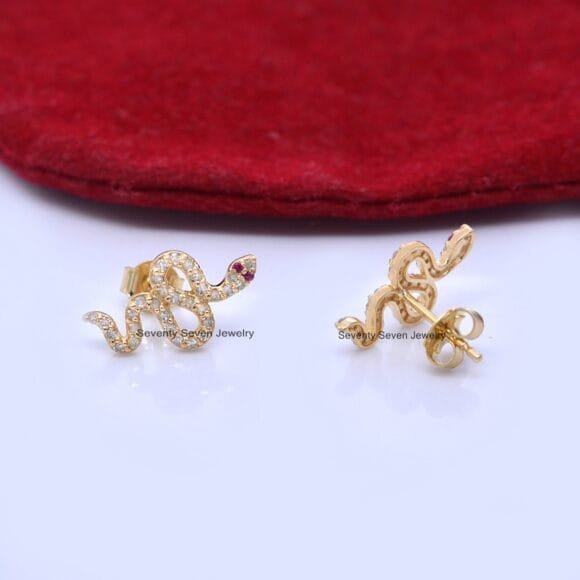 14k Gold Diamond Snake Studs, 14K Gold Snake Stud Earrings - Image 3