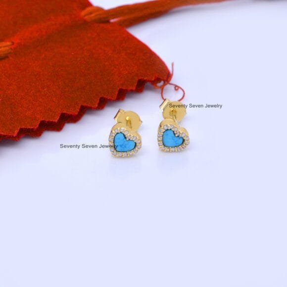 Solid 14K Gold Turquoise And Diamond Heart Studs, Pave Gemstone Heart Studs - Image 5