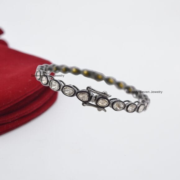 Silver Oxidised Rose Cut Diamond Bangle, 925 Silver Bangle Jewelry - Image 3