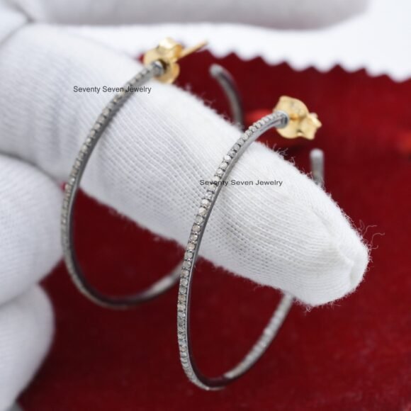 925 Silver Pave Diamond Hoop Earrings, Oxidized Large Diamond Hoops