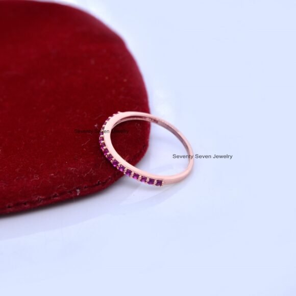9k Gold Ruby Wedding Band, Ruby Half Eternity Band, Minimalist Ruby Ring Band - Image 9