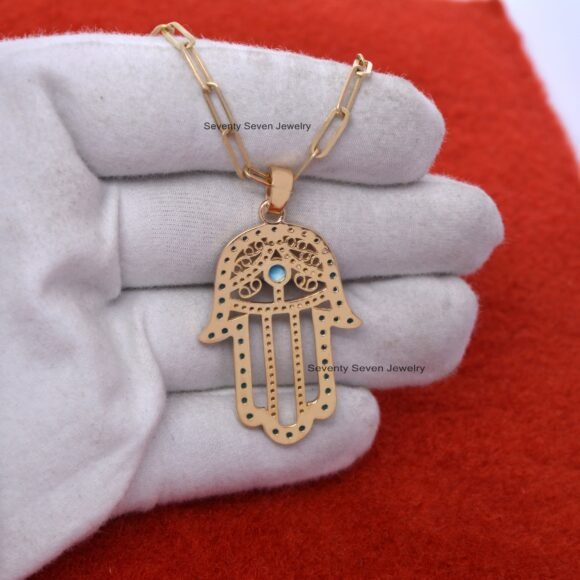 Sterling Silver Hamsa Hand Pendant, Diamond Hamsa Hand Pendant - Image 6