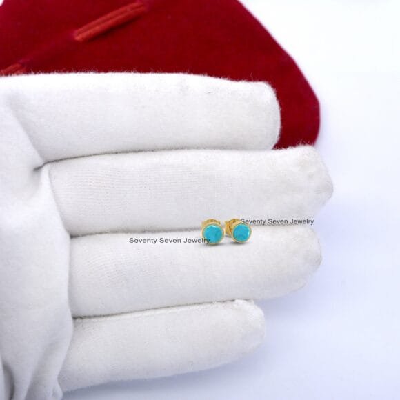 Solid 14K Gold Turquoise Studs, 14k Round Turquoise Studs - Image 5