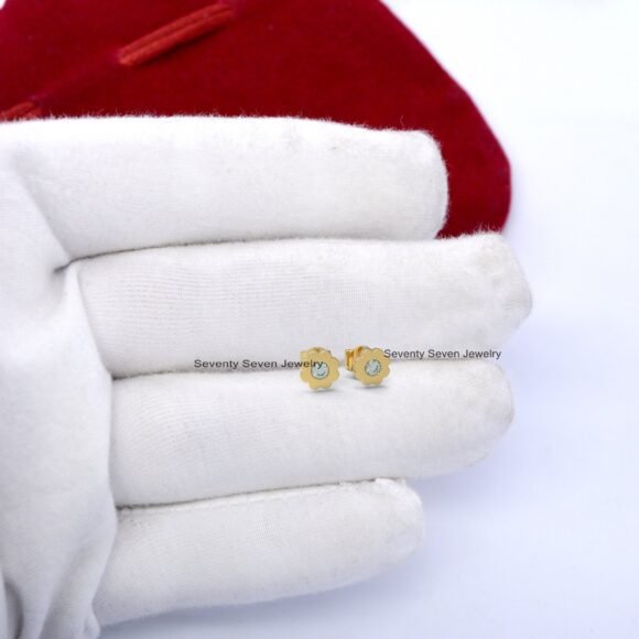 14k Gold Diamond Flower Studs, Gold Diamond Studs - Image 5