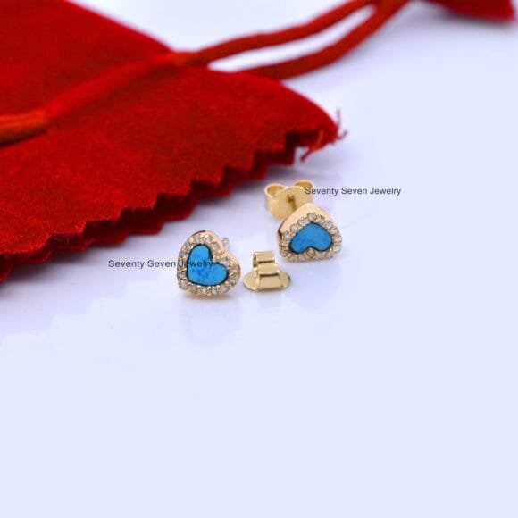 Solid 14K Gold Turquoise And Diamond Heart Studs, Pave Gemstone Heart Studs - Image 4