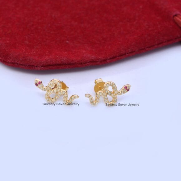 9K Gold Diamond Snake Studs, Snake Stud Earrings Gold - Image 2
