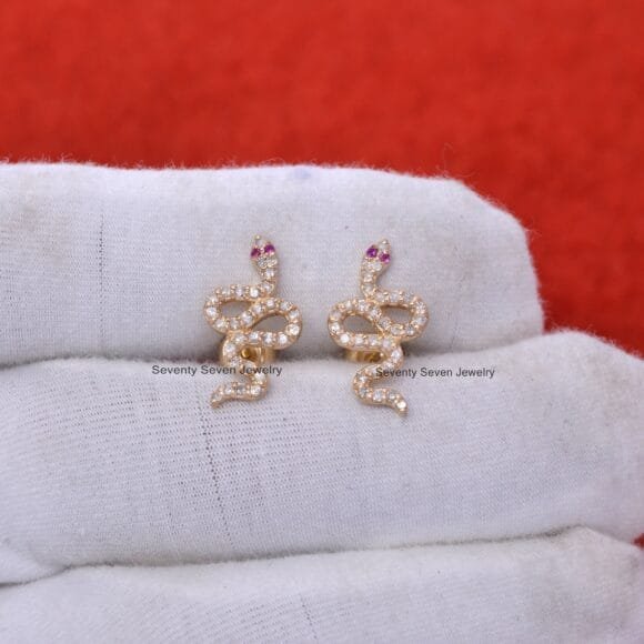 9K Gold Diamond Snake Studs, Snake Stud Earrings Gold - Image 4
