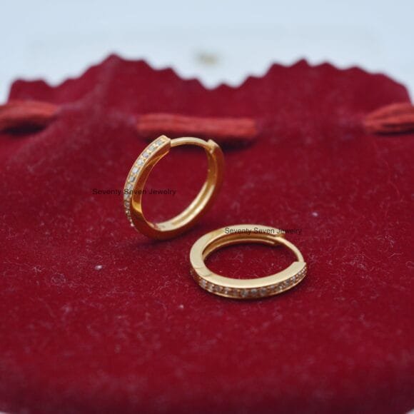 Solid 14K Gold Diamond Hoop Huggies, 17 MM Turquoise Huggies - Image 5