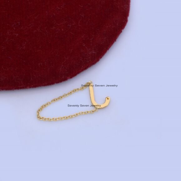 Solid 14K Gold Diamond Initial Ring, Personalized Gold Chain Ring - Image 8
