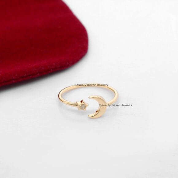 14k Gold Diamond Moon and Star Ring, Star Opening Ring - Image 2