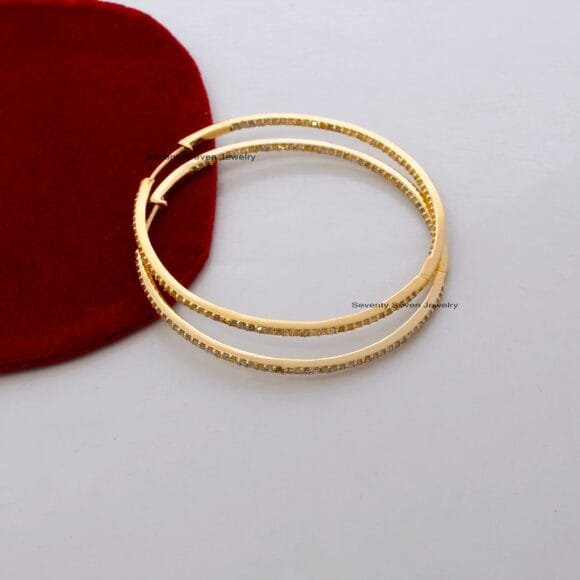 Large Round Hoop Earrings, Pave Diamond Hoop 14K Gold Earrings - Image 3