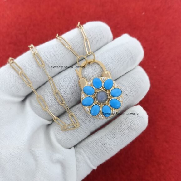 925 Silver Turquoise Flower Padlock, Gemstone Padlock - Image 2