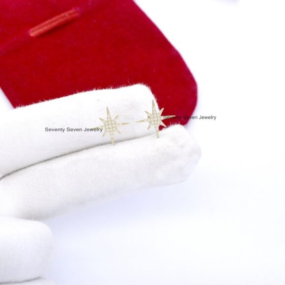 9K Solid Gold Pave Diamond Starburst Studs, Tiny Minimalist Studs - Image 3