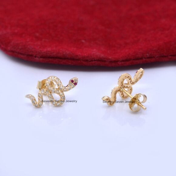 9K Gold Diamond Snake Studs, Snake Stud Earrings Gold - Image 3