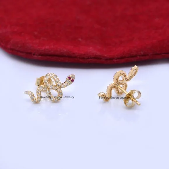 9K Gold Diamond Snake Studs, Snake Stud Earrings Gold - Image 3